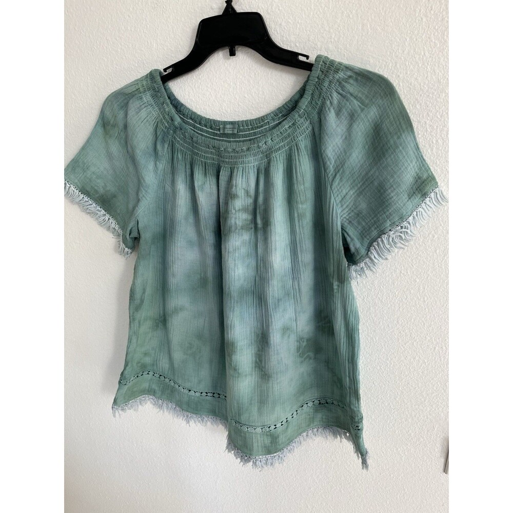 Beachlunchlounge Smocked Elastic Neck Crinkle Gauzy Fringe Top Sz XL Mint Green